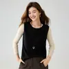 Colete de tricô de cashmere para outono e inverno para mulheres, sem mangas, com estampa floral, adequado para usar em camadas, gola redonda, fino, cor sólida, top sem mangas