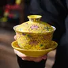 Esmalte Sancai Bol Tazón de Té Kung Fu Juego de Té Amarillo Imperial Taza de Té Individual Tapa para Tazón de Té Tamaño Pequeño