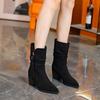 Botas Curtas Francesas de Camurça Bico Fino Salto Alto para Mulheres 2025 Novo Estilo Botas de Pelo Primavera e Outono Botas Individuais Atacado