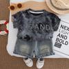 Verão 2025 Novo Conjunto de Shorts de Espuma com Manga Curta para Meninos de 1-5 Anos T-shirt Fashionável Casual de Duas Peças