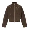 Chaqueta biker retro americana de gamuza con tachuelas y cuello alto para hombre y mujer, abrigo corto casual holgado para otoño, moderno y elegante