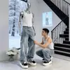 Calça Jeans de Rua Estilo Americano com Strass para Homens, Calças Retas de Perna Larga com Padrão de Estrelas, Marca Tendência, Estilo Streetwear Cool, Calças Levemente Abertas