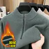 Suéter de punto de terciopelo de visón de una pieza de invierno transfronterizo para hombre, cuello semi-alto, con cremallera, tejido, color liso, forrado de felpa, camiseta base engrosada para hombre