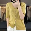 Cardigan de Tricô Feminino Liso com Cordão Decote V Fivela Primavera Verão Solto Emagrecedor para o Trabalho Lã Penteada Fino Meia Manga