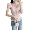 Camisole de Cintura com Design de Camisa Ruffle, Mangas Curtas Voadoras Florais, Renda Doce Top 8813