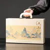 Conjunto de chá de porcelana branca com design de paisagem azul e branca, caixa de presente para uso doméstico, conjunto de chá kung fu, presente corporativo