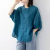 Camisa de Algodón y Lino para Mujer, Color Sólido, Mangas de Linterna, Corte Holgado, Talla Grande, Manga Media, Exportación Transfronteriza 2026 Aliexpress Comercio Exterior
