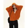 Suéter con capucha de punto trenzado estilo americano para mujer, holgado y casual, versátil, simple, naranja, con cremallera y un corte relajado