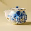 Tetera de Peonías Glaseada con Soda para Uso Doméstico, Tetera de Mano con Tapa, Juego de Té Kung Fu Individual de Alta Gama con Taza de Té Antiescaldable con Borde Dorado