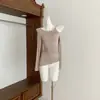Versátil top de otoño para mujer, ajustado, con calados, manga larga, mohair gris, mangas normales, corte ajustado, directo de fábrica