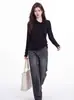 Top de malha estilo francês para mulheres, nova coleção de outono, manga longa justo, suave e elegante, efeito emagrecedor, com detalhe de amarração, perfeito como base