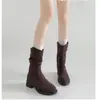 Botas de tornozelo plissadas retrô em veludo, nova coleção outono/inverno 2026, botas longas, botas de montaria estilo cowboy ocidental