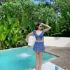 Traje de baño coreano Ins estilo nuevo para mujer, dos piezas estilo falda, sexy de cintura alta, que oculta el abdomen, adelgazante, adecuado para aguas termales y vacaciones, traje de baño estampado