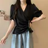 Camisa de Verano Elegante para Mujer Tallas Grandes, Escote en V, Mangas Abullonadas, Jacquard Satinado, Manga Corta, Estilo Ligero