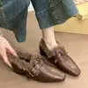 Tendencia de Moda Coreana 2026 Nuevo Estilo Elegantes Mocasines de Cuero con Hebilla y Piel, Punta Cuadrada, Tacón Grueso, Zapatos de Invierno/Otoño con Forro de Terciopelo