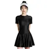 Traje de baño de una pieza estilo coreano nuevo para mujer talla grande, de manga corta, con cremallera, adelgazante, que cubre el abdomen, estilo falda, traje de baño deportivo de secado rápido para verano