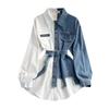 Vestido Camisa Patchwork de Sarja Transfronteiriço com Lapela, Novo Estilo Primavera e Outono, Marcação na Cintura, Emagrecedor, Irregular de Comprimento Médio
