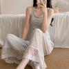 Pijama de Chaleco sin Mangas y Pantalón Largo de Verano para Mujer Dulce Color Sólido Ribete de Encaje Rayón Ropa de Casa Juvenil Estilo Puro Deseo