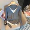 Cardigan de Tricô com Botões Estilo Novo Outono/Inverno para Mulheres, Falso Duas Peças, Branco, Moderno, Emagrecedor, Tamanho Grande, Camisa Básica de Manga Longa A3449