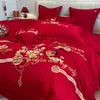 Juego de Ropa de Cama para Boda de Cuatro Piezas, Sábana y Funda de Edredón 100% Algodón Puro para Boda, Rojo Brillante, Para Recién Casados, 4 Dragones y Fénix Estilo Chino