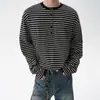 Camiseta de algodón a rayas de manga larga para hombre y mujer, camisa henley de manga larga de corte holgado, atuendo relajado y casual para parejas con diseño a rayas de moda