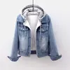 Jaqueta Jeans Solta para Mulheres de Comércio Transfronteiriço, Estilo Coreano Outono e Inverno, Forrada com Lã, Engrossada, Manga Longa, Jaqueta com Capuz Slim Fit para Estudantes