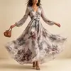 Tienda online independiente europea y americana comercio exterior otoño nuevo ropa de mujer transfronteriza estampado digital elegante vestido de manga larga con cuello en V