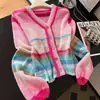 Cardigan de tricô com mangas compridas, bloqueio de cores suave e gradiente, novo top versátil e jovem chique para mulheres, outono e inverno 2025