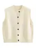 Chaleco de Punto de Lana Merceizada 100% Color Sólido para Primavera y Otoño, Cuello Redondo, Sin Mangas, Para Mujer, Temperamento Simple, Prendas de Abrigo para Superponer, Cárdigan