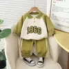 Traje de Dos Piezas de Otoño para Bebé Fabricante Mayorista Niños Estampado Digital Camisa Polo de Contraste Pantalones Largos de Algodón
