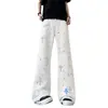 Jeans negros rotos y adornados con pedrería, con estampado de cruces para hombre, de pierna recta modernos, ligeramente acampanados, largos, rotos y adornados con pedrería