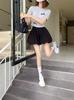 Shorts Versátil Floral Estilo Coreano com Babados para Mulheres, Novo Modelo Primavera 2026, Calça Casual Wide-Leg de Cintura Alta Petite Preta
