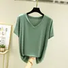 Nueva camiseta de algodón fina de verano para mujer, cuello en V, manga corta, color liso, corte holgado, versátil, talla grande, top de manga corta