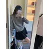 Suéter de malha cinza com gola polo estilo Miu para mulheres, adequado para usar em camadas no outono e inverno, com gola de lapela e base estilo coreano