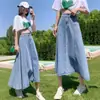 Saia Jeans de cintura alta semi-elástica feminina primavera e verão cobrindo a coxa figura em pera grossa Joker saia longa linha A plus size.