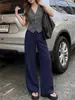 Pantalones de Lino Azul Marino de Pierna Ancha para Mujer, Nuevo Estilo Delgado de Verano 2026, Caída Suelta, Pantalones de Traje Rectos Estilo Old Money