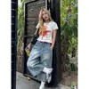 Pantalones Capri de Mezclilla Anchos Estilo Vintage Lavado Talla Grande, Verano Delgados Estilo Americano de Cintura Alta Sueltos Versátiles de Pierna Recta