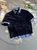 Camisa de Mujer Azul Marino Falsa de Dos Piezas de Manga Corta, Tendencia Primavera, Marca con Camiseta de Retazos, Polo Pesado Estilo Universidad Americana