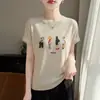Camiseta de Manga Corta con Estampado de Dibujos Animados para Mujer, Top de Punto Blanco Holgado de Verano con Cuello Redondo, Blusa Nueva Estilo Fino Reductora