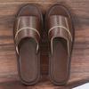 Sandalias Abiertas de Piel de Vaca Bordadas a Punto de Cruz para Primavera y Verano para Uso en Casa, Pantuflas de Cuero para Pareja, Zapatos Antideslizantes y Resistentes al Desgaste para Interiores, Color Caramelo