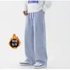Jeans casuales para hombre de corte holgado, estilo unisex, versátiles, acabado lavado, diseño retro americano de alta costura, con caída relajada, cintura con cordón y forro polar