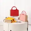 Bolso de Mano Patchwork de Algodón y Lino, Bolsa Tote Color Block de Lona de Yute con Bolsillo Interior de Almacenamiento, Logo Estampado y Asa Impresa