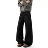 Jeans anchos de moda, estilo high-street, mezclilla negra, pantalones largos casuales para hombre estilo americano, acabado lavado, con bolsillos, ligeramente acampanados, diseño de otoño