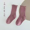 1531 Calcetines Infantiles al por Mayor Primavera 2024 Nuevos Calcetines Lisos de Doble Aguja hasta la Pantorrilla Algodón Peinado Ribete Calcetines para Niñas