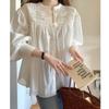 Top Retro Blanco de Algodón y Lino Francés para Mujer, Diseño de Verano, Camisa Baby Doll de Nicho de Gama Alta, Dulce Camisa de Manga Larga