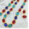 Conjunto de Collar y Pulsera de Vidrio Ovalado con Encaje Hueco Vintage de Época Media Chapado con Oro Real Marcado