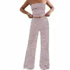 Comércio Exterior Transfronteiriço Amazon 2026 Conjunto Feminino Casual Europeu e Americano com Top Tubo Listrado e Calça Longa de Cintura Elástica para Férias e Casa