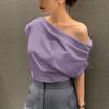 Corea del Sur Top Chic Verano Nuevo Nicho Irregular Hombro Caído Sentido del Diseño Holgado Color Sólido Jersey Camiseta de Manga Corta