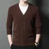 Cárdigan de Lana Pura con Cuello en V de Moda para Hombre, Suéter, Ropa de Punto, Chaqueta, Otoño e Invierno, Estilo Papá, Lana