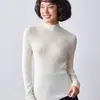 Suéter feminino de malha fina sem costura 100% lã pura com gola semimédia, corte justo, malha base fina, lavável à máquina